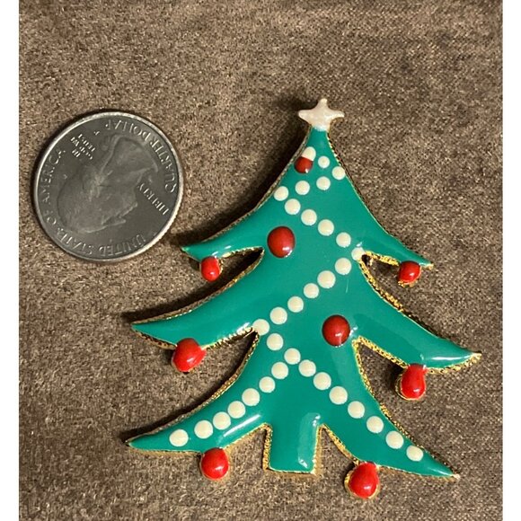 Vintage Christmas Tree Enamel Brooch Pin With Red & White Accents - Picture 5 of 8